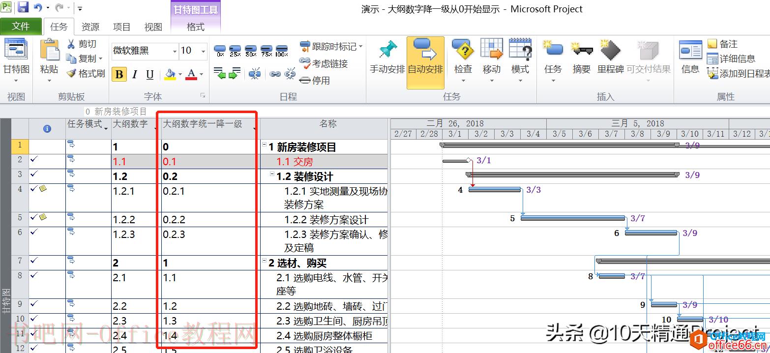 「Project教程」任务名称前显示的大纲数字统一降一级